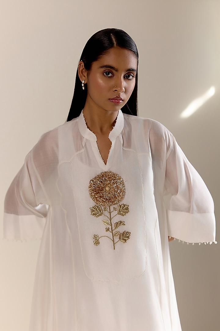 Ivory Handwoven Organza Silk Pearl Embroidered Kurta Set by Ohfab by Aanchal & Akshita at Pernia's Pop Up Shop