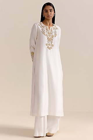 Ivory Pure Silk Zardosi Hand Embroidered Kurta Set by Ohfab by Aanchal & Akshita