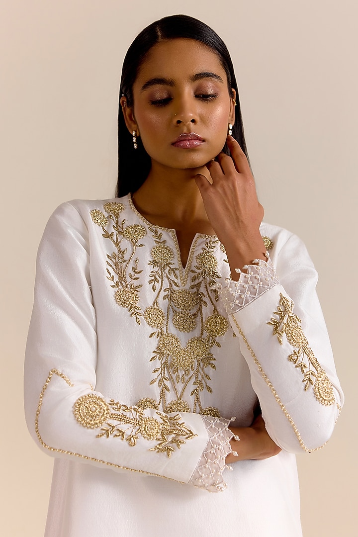 Ivory Pure Silk Zardosi Hand Embroidered Kurta Set by Ohfab by Aanchal & Akshita at Pernia's Pop Up Shop