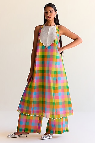 Multi-Colored Handwoven Kimkhwaab Tanchoi Tissue Checkered Kurta Set by Ohfab by Aanchal & Akshita