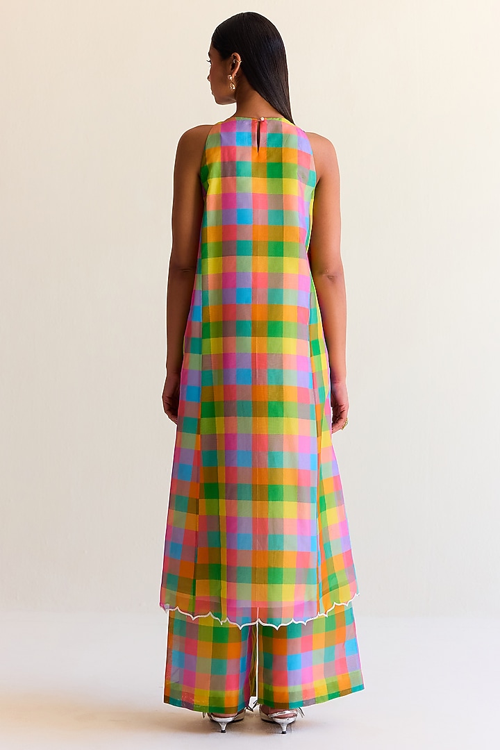Multi-Colored Handwoven Kimkhwaab Tanchoi Tissue Checkered Kurta Set by Ohfab by Aanchal & Akshita at Pernia's Pop Up Shop