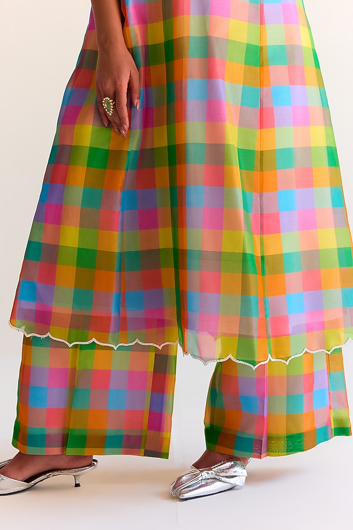 Multi-Colored Handwoven Kimkhwaab Tanchoi Tissue Checkered Kurta Set by Ohfab by Aanchal & Akshita at Pernia's Pop Up Shop