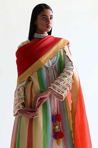 Red Pure Organza Silk & Handwoven Kimkhwaab Tissue Dupatta 
 by Ohfab by Aanchal & Akshita