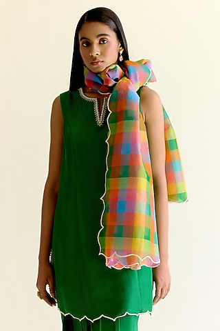 Multi-Colored Handwoven Pachranga Organza Hand Embroidered Dupatta by Ohfab by Aanchal & Akshita