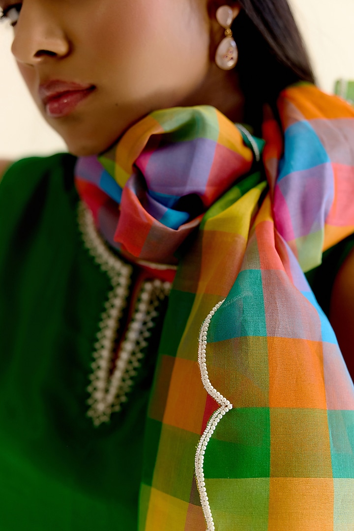Multi-Colored Handwoven Pachranga Organza Hand Embroidered Dupatta by Ohfab by Aanchal & Akshita at Pernia's Pop Up Shop
