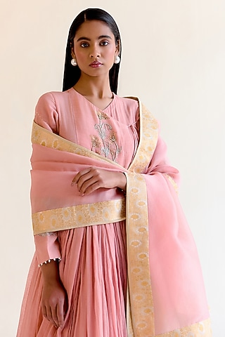 Pink Pure Organza Silk Dupatta by Ohfab by Aanchal & Akshita