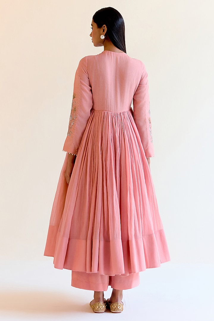 Pink Handwoven Chanderi Zardosi Hand Embroidered Wedding Anarkali Set by Ohfab by Aanchal & Akshita at Pernia's Pop Up Shop