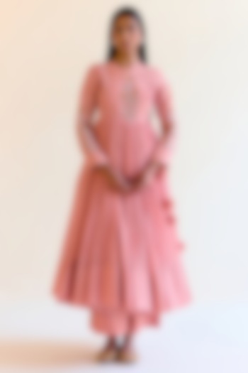 Pink Handwoven Chanderi Zardosi Hand Embroidered Wedding Anarkali Set by Ohfab by Aanchal & Akshita at Pernia's Pop Up Shop
