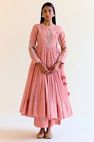 Pink Handwoven Chanderi Zardosi Hand Embroidered Anarkali Set by Ohfab by Aanchal & Akshita