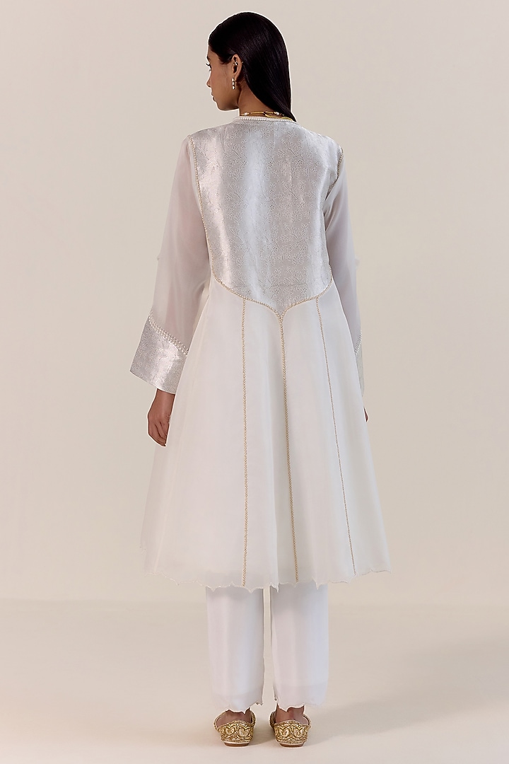 White Handwoven Kimkhwaab Tissue Choga Kurta Set by Ohfab by Aanchal & Akshita at Pernia's Pop Up Shop