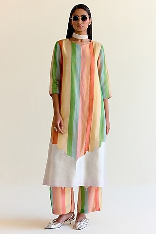 Multi-Colored Handwoven Satranga Tissue Silk Kurta Set by Ohfab by Aanchal & Akshita