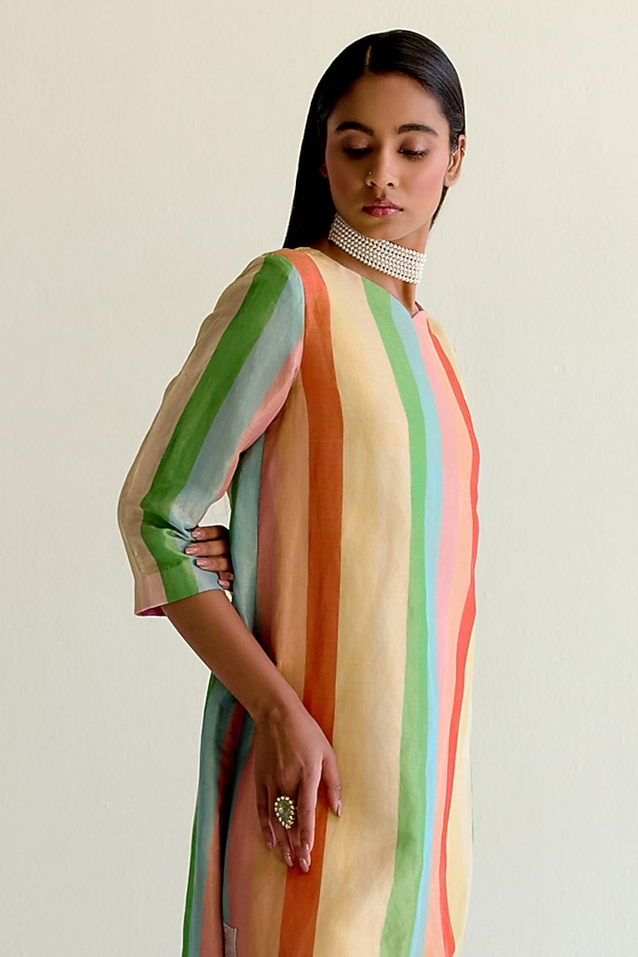 Multi-Colored Handwoven Satranga Tissue Silk Kurta Set by Ohfab by Aanchal & Akshita at Pernia's Pop Up Shop