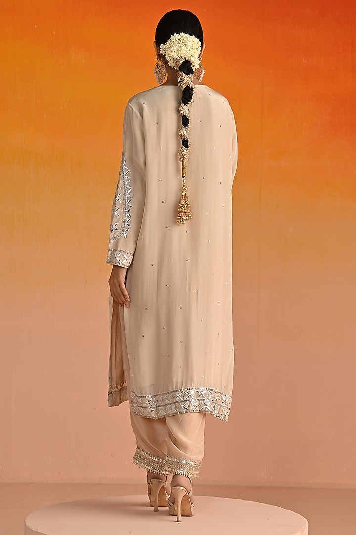 Beige Crepe Hand Embroidered Kurta Set by OHH CROW INDIA at Pernia's Pop Up Shop