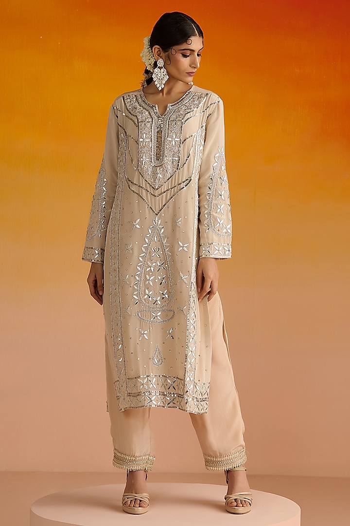 Beige Crepe Hand Embroidered Kurta Set by OHH CROW INDIA at Pernia's Pop Up Shop