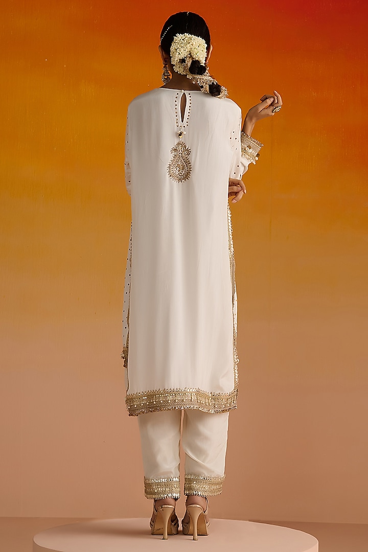 Ivory Crepe Hand Embroidered Kurta Set by OHH CROW INDIA at Pernia's Pop Up Shop