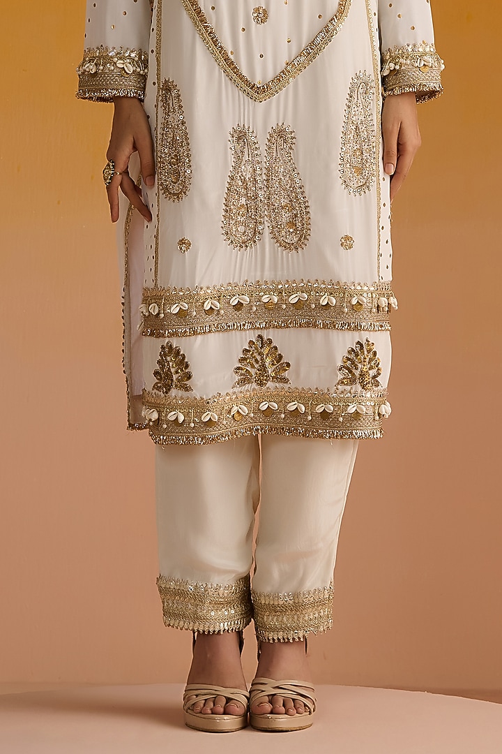 Ivory Crepe Hand Embroidered Kurta Set by OHH CROW INDIA at Pernia's Pop Up Shop