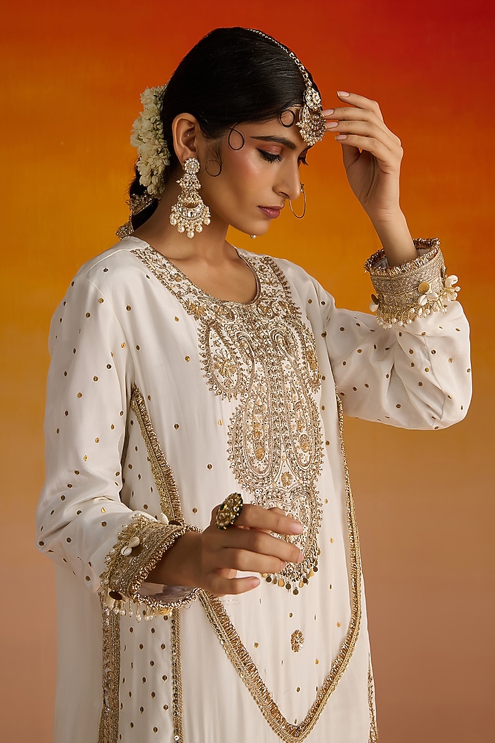 Ivory Crepe Hand Embroidered Kurta Set by OHH CROW INDIA at Pernia's Pop Up Shop