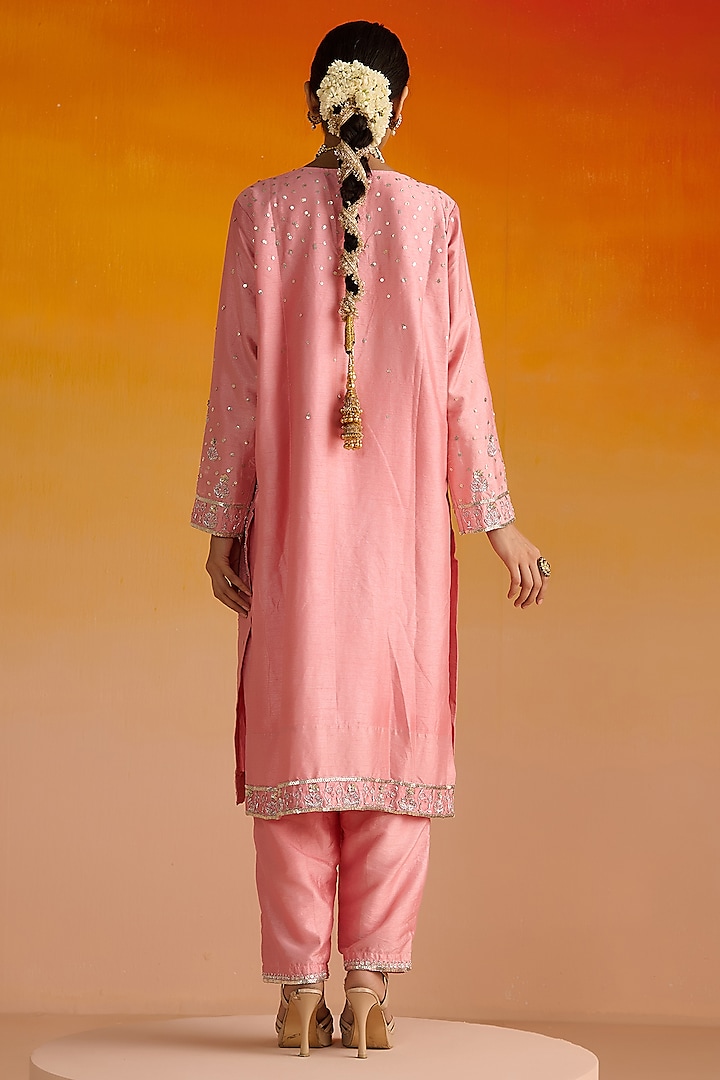 Pink Raw Silk Hand Embroidered Kurta Set by OHH CROW INDIA at Pernia's Pop Up Shop