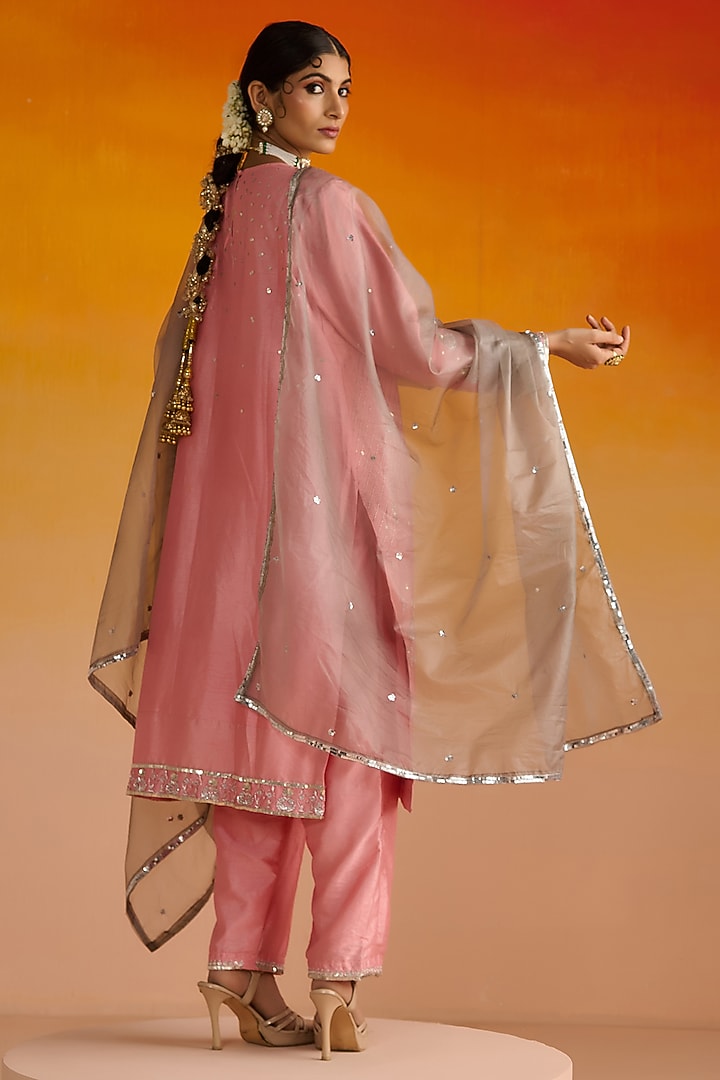 Pink Raw Silk Hand Embroidered Kurta Set by OHH CROW INDIA at Pernia's Pop Up Shop