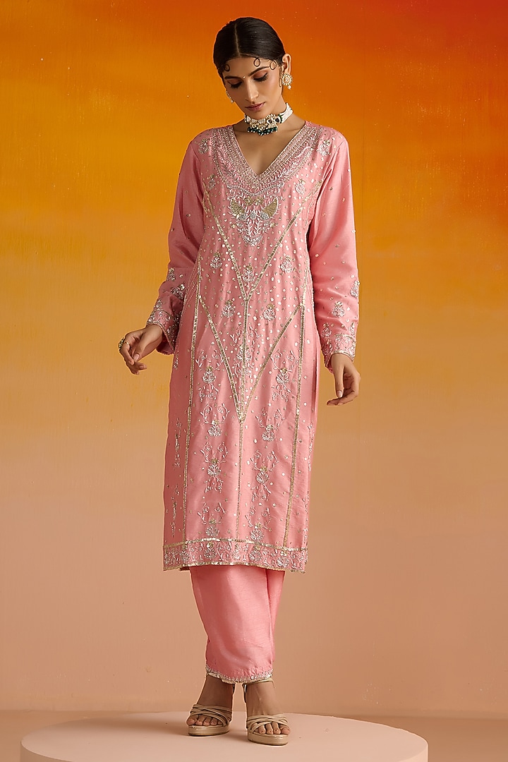 Pink Raw Silk Hand Embroidered Kurta Set by OHH CROW INDIA at Pernia's Pop Up Shop