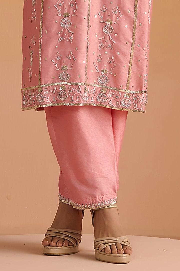 Pink Raw Silk Hand Embroidered Kurta Set by OHH CROW INDIA at Pernia's Pop Up Shop