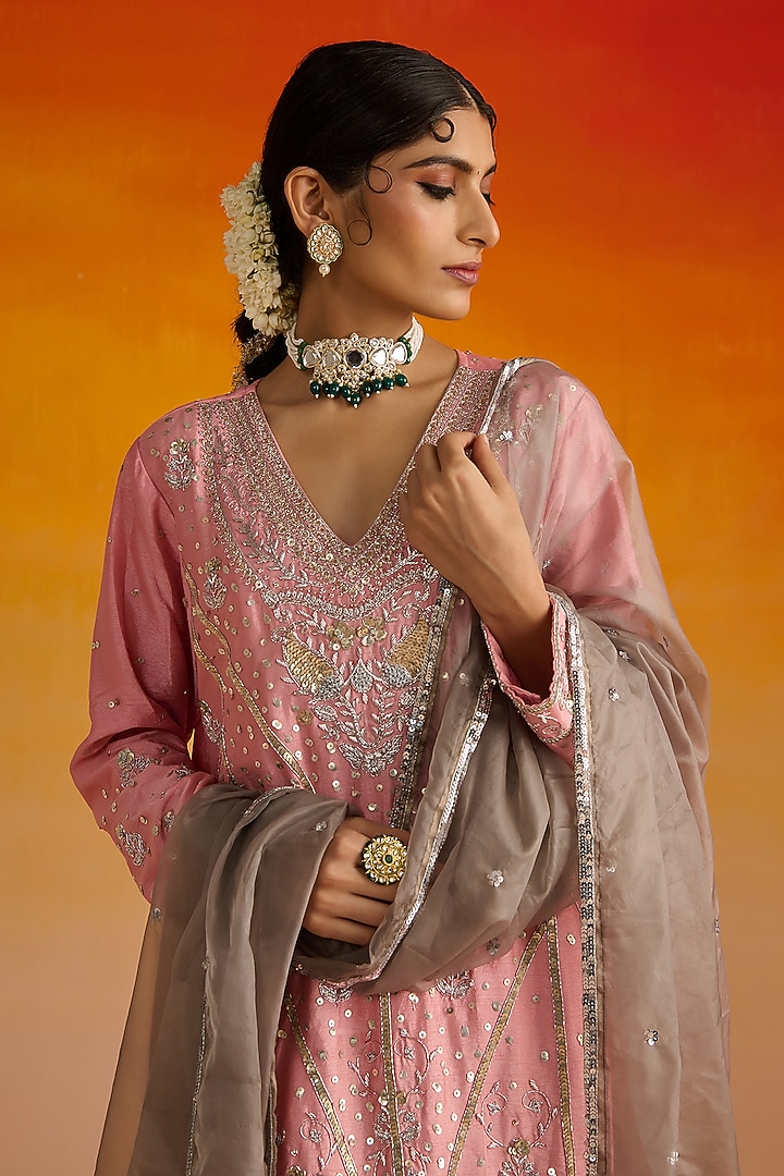 Pink Raw Silk Hand Embroidered Kurta Set by OHH CROW INDIA at Pernia's Pop Up Shop