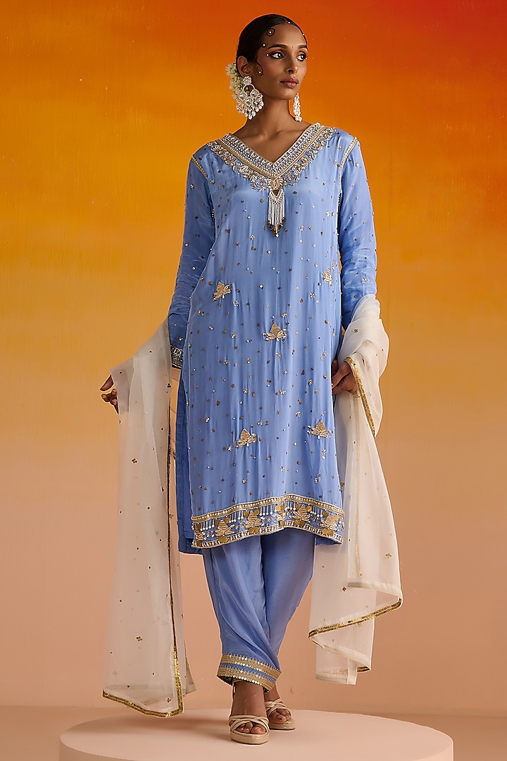 Blue Crepe Hand Embroidered Kurta Set by OHH CROW INDIA