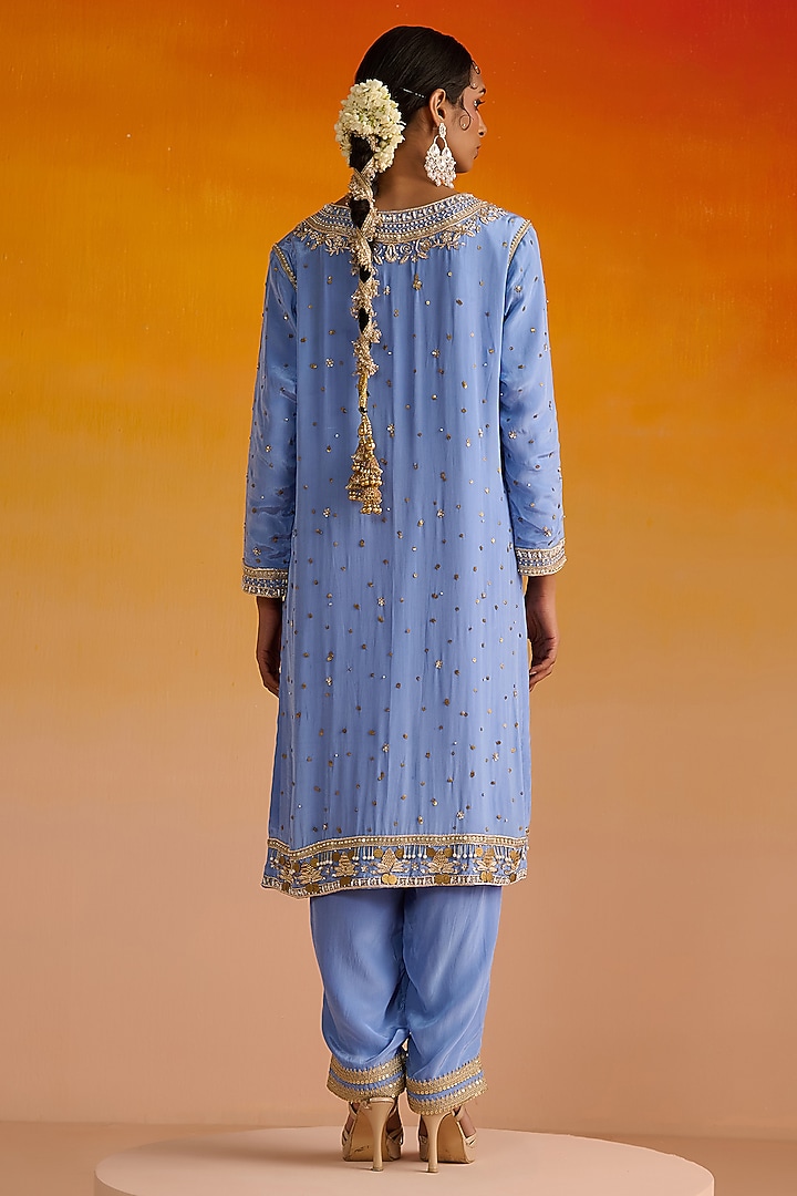 Blue Crepe Hand Embroidered Kurta Set by OHH CROW INDIA at Pernia's Pop Up Shop