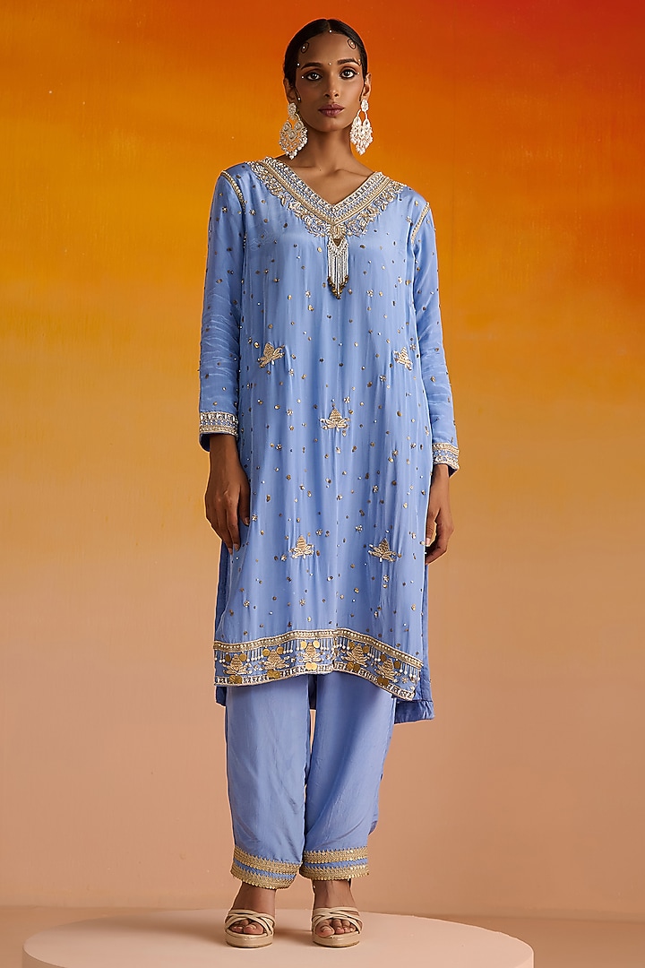Blue Crepe Hand Embroidered Kurta Set by OHH CROW INDIA at Pernia's Pop Up Shop