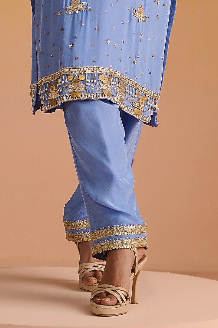 Blue Crepe Hand Embroidered Kurta Set by OHH CROW INDIA at Pernia's Pop Up Shop