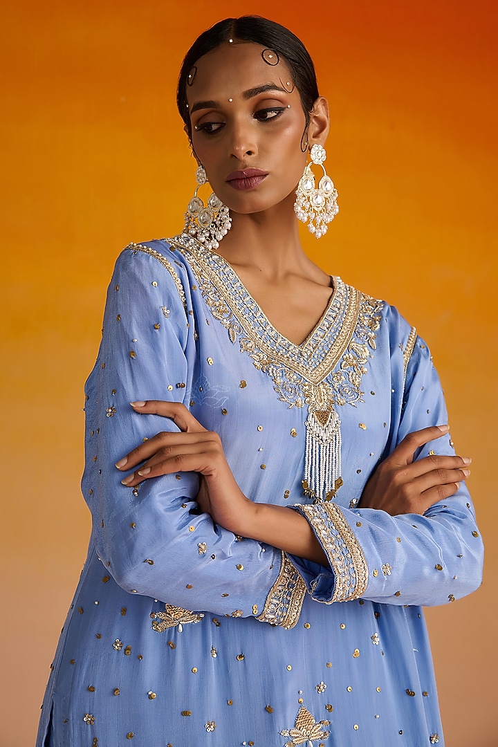 Blue Crepe Hand Embroidered Kurta Set by OHH CROW INDIA at Pernia's Pop Up Shop