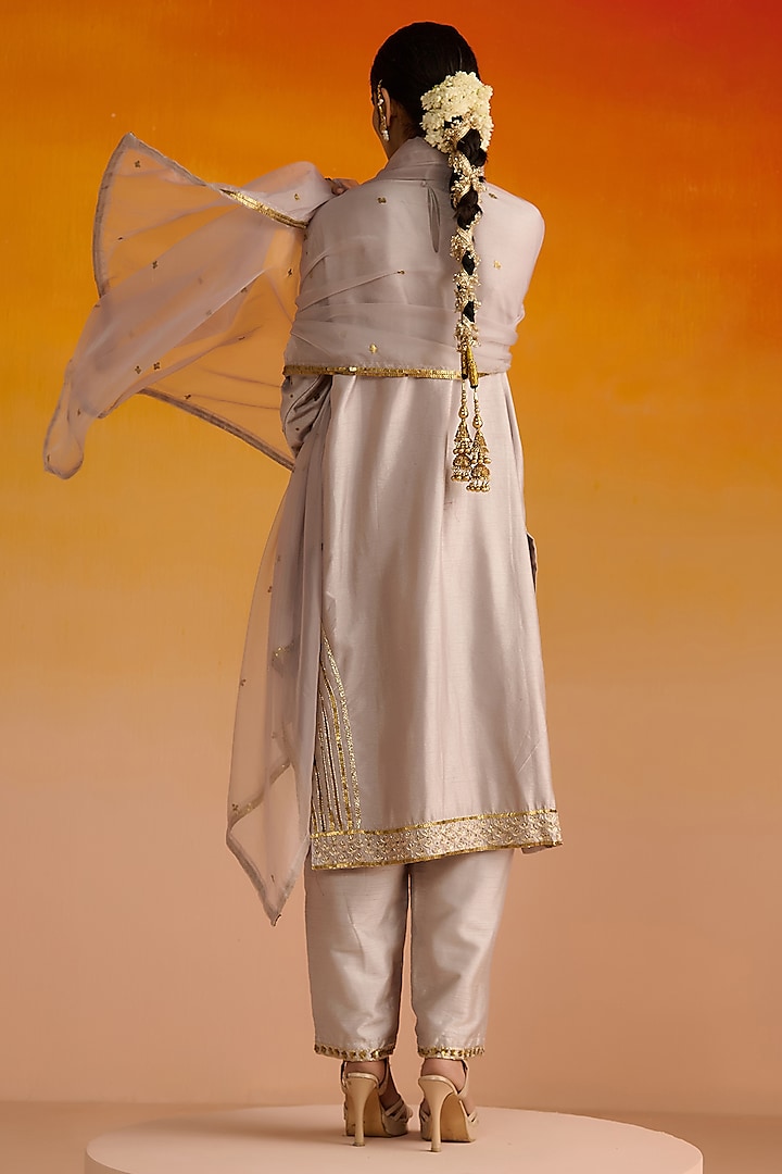 Grey Raw Silk Hand Embroidered Kurta Set by OHH CROW INDIA at Pernia's Pop Up Shop