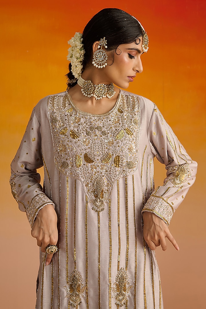 Grey Raw Silk Hand Embroidered Kurta Set by OHH CROW INDIA at Pernia's Pop Up Shop