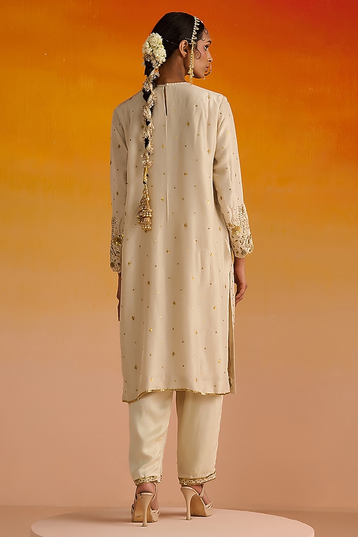 Light Yellow Opara Silk Hand Embroidered Kurta Set by OHH CROW INDIA at Pernia's Pop Up Shop