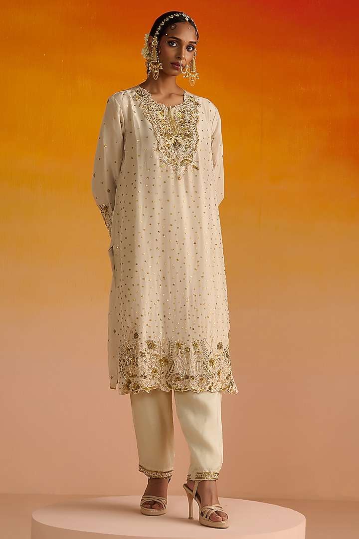 Light Yellow Opara Silk Hand Embroidered Kurta Set by OHH CROW INDIA at Pernia's Pop Up Shop