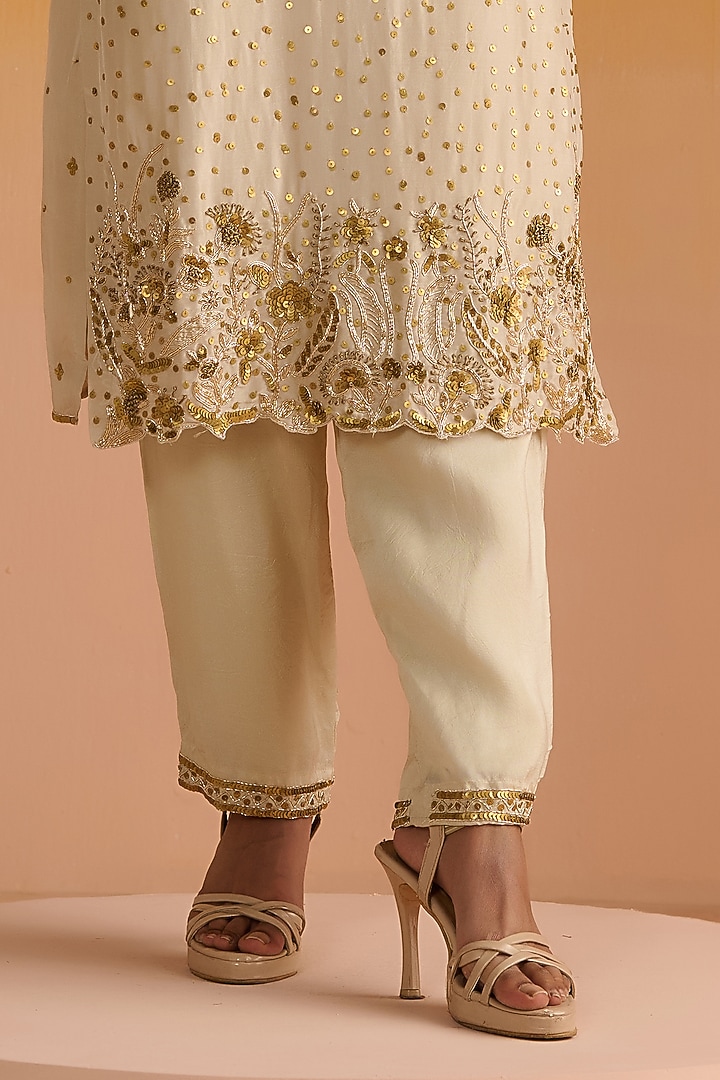 Light Yellow Opara Silk Hand Embroidered Kurta Set by OHH CROW INDIA at Pernia's Pop Up Shop