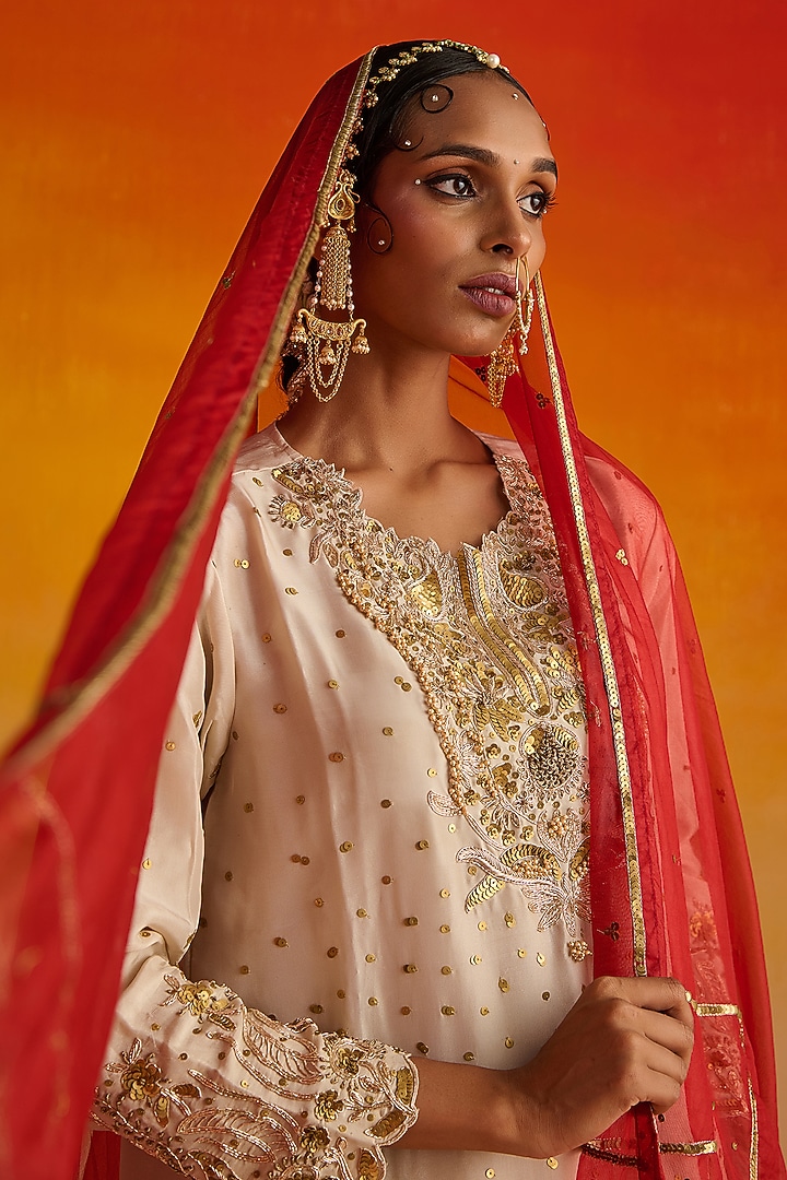 Light Yellow Opara Silk Hand Embroidered Kurta Set by OHH CROW INDIA at Pernia's Pop Up Shop