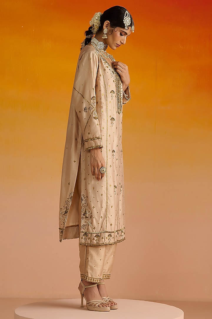 Almond Colored Raw Silk Hand Embroidered Kurta Set by OHH CROW INDIA at Pernia's Pop Up Shop