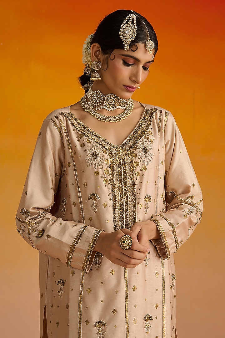Almond Colored Raw Silk Hand Embroidered Kurta Set by OHH CROW INDIA at Pernia's Pop Up Shop