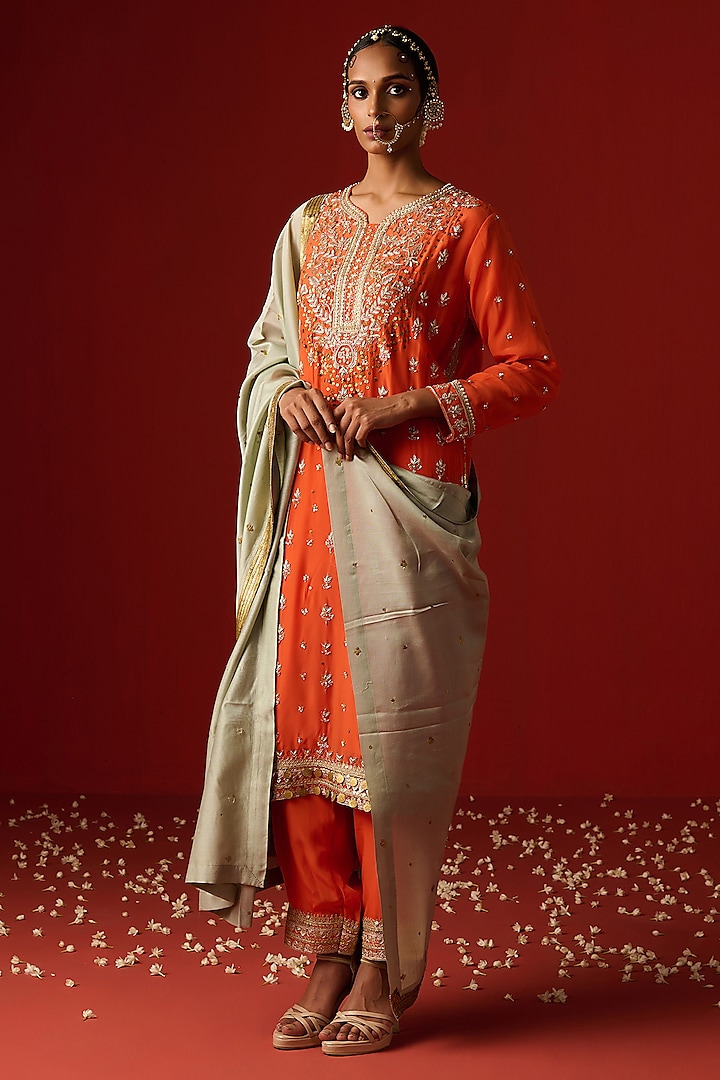 Orange Crepe Hand Embroidered Kurta Set by OHH CROW INDIA