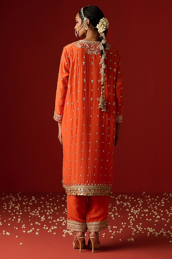 Orange Crepe Hand Embroidered Kurta Set by OHH CROW INDIA at Pernia's Pop Up Shop