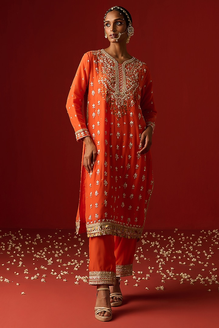 Orange Crepe Hand Embroidered Kurta Set by OHH CROW INDIA at Pernia's Pop Up Shop
