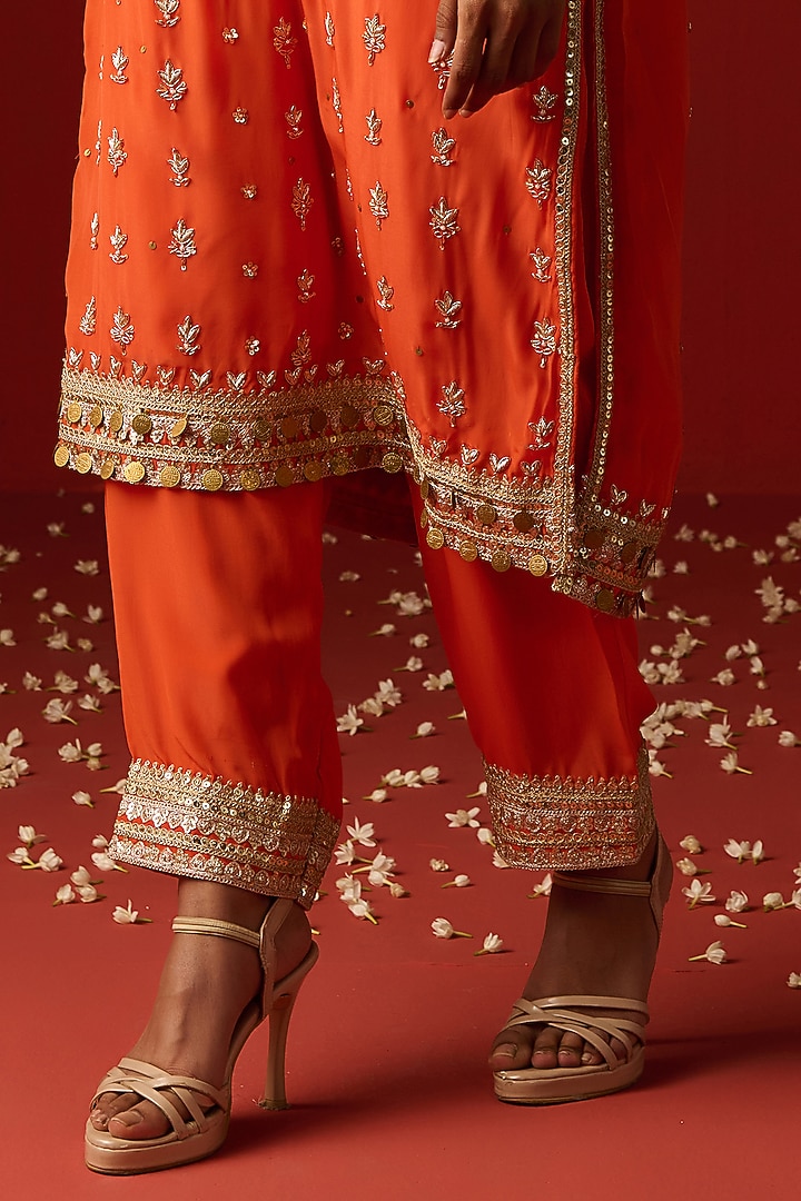 Orange Crepe Hand Embroidered Kurta Set by OHH CROW INDIA at Pernia's Pop Up Shop