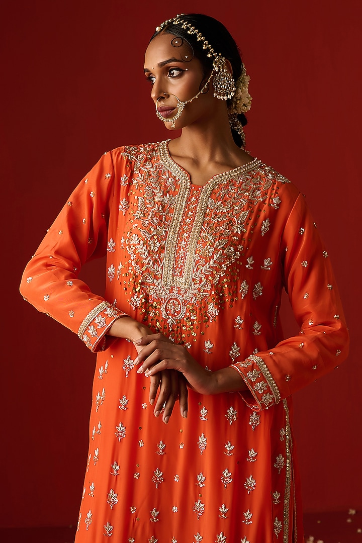 Orange Crepe Hand Embroidered Kurta Set by OHH CROW INDIA at Pernia's Pop Up Shop