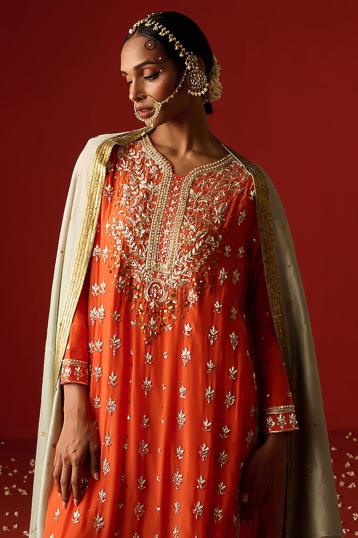 Orange Crepe Hand Embroidered Kurta Set by OHH CROW INDIA at Pernia's Pop Up Shop