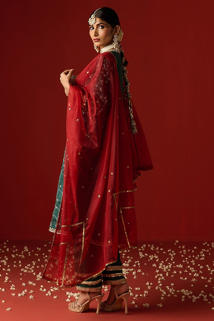 Emerald Green Opara Silk Hand Embroidered Kurta Set by OHH CROW INDIA at Pernia's Pop Up Shop