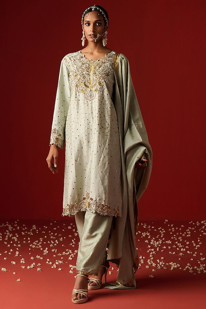 Glacial Sea Green Raw Silk Hand Embroidered Kurta Set by OHH CROW INDIA at Pernia's Pop Up Shop