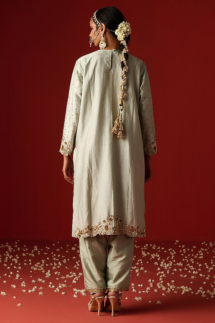 Glacial Sea Green Raw Silk Hand Embroidered Kurta Set by OHH CROW INDIA at Pernia's Pop Up Shop