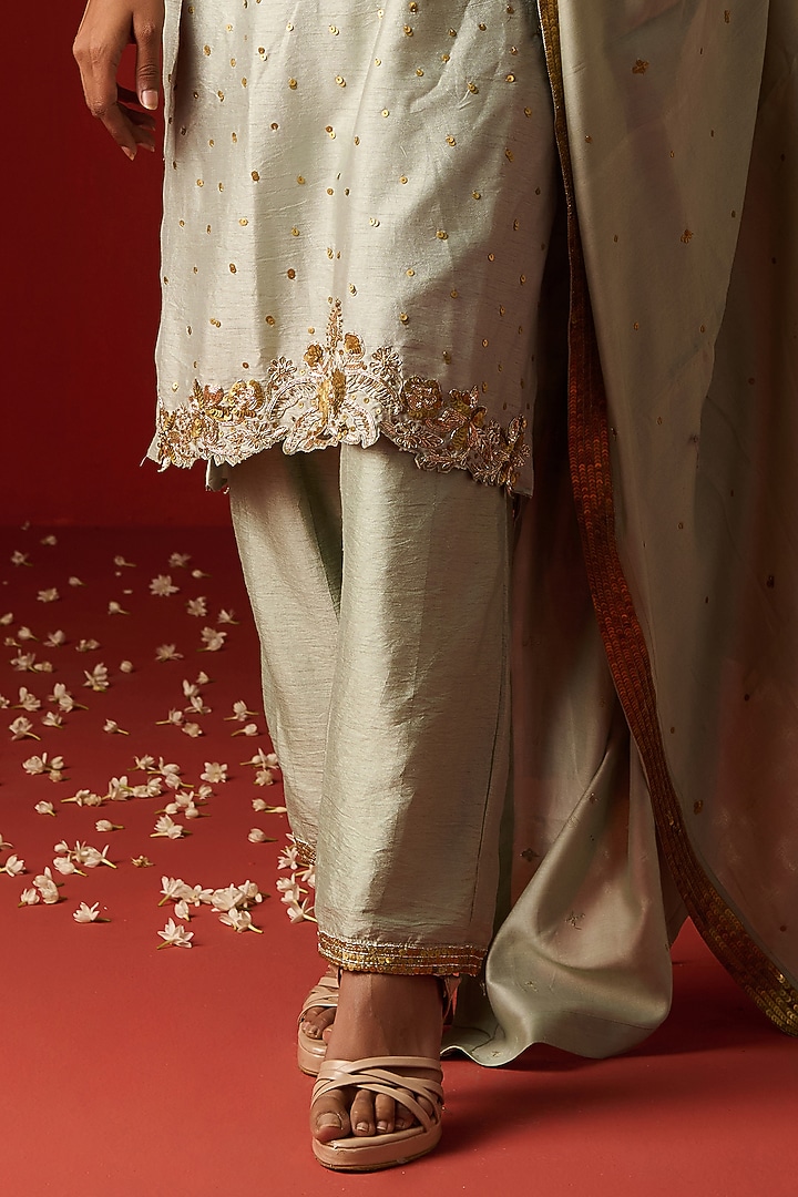 Glacial Sea Green Raw Silk Hand Embroidered Kurta Set by OHH CROW INDIA at Pernia's Pop Up Shop