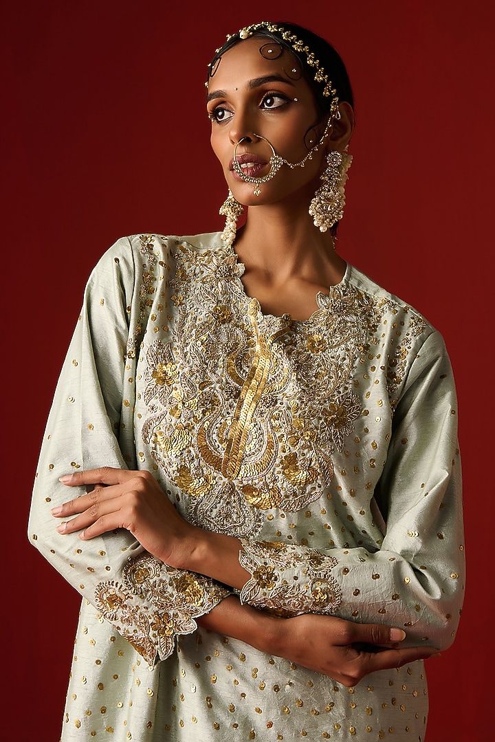 Glacial Sea Green Raw Silk Hand Embroidered Kurta Set by OHH CROW INDIA at Pernia's Pop Up Shop